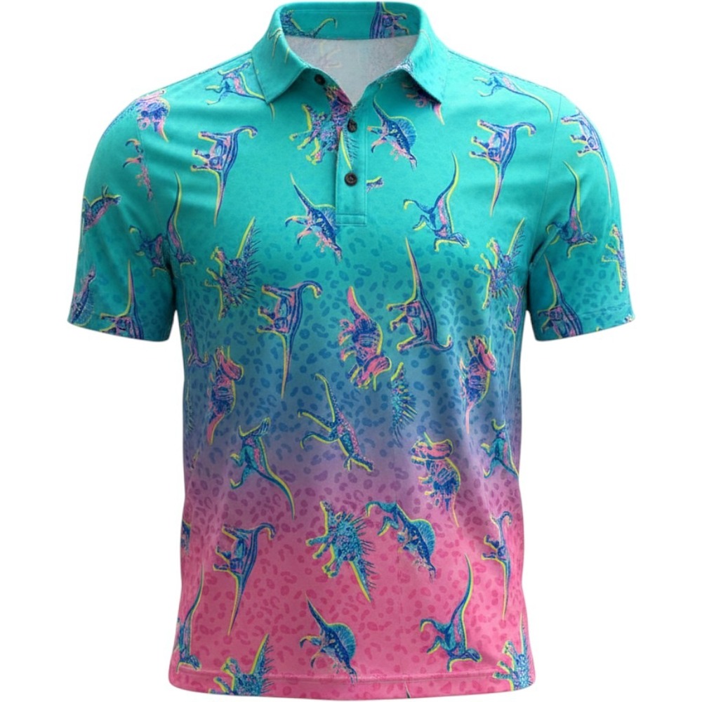 Chubbies Mens XXL Neon Dinosaur Leopard Ombre Performance Polo Shirt Teal Pink